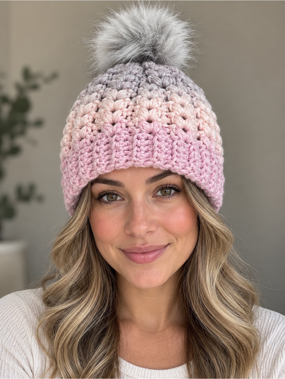 Handmade Wool Crochet Beanie Pink Gray Ombre Faux Fur Pom Cozy Winter Hat NWOT